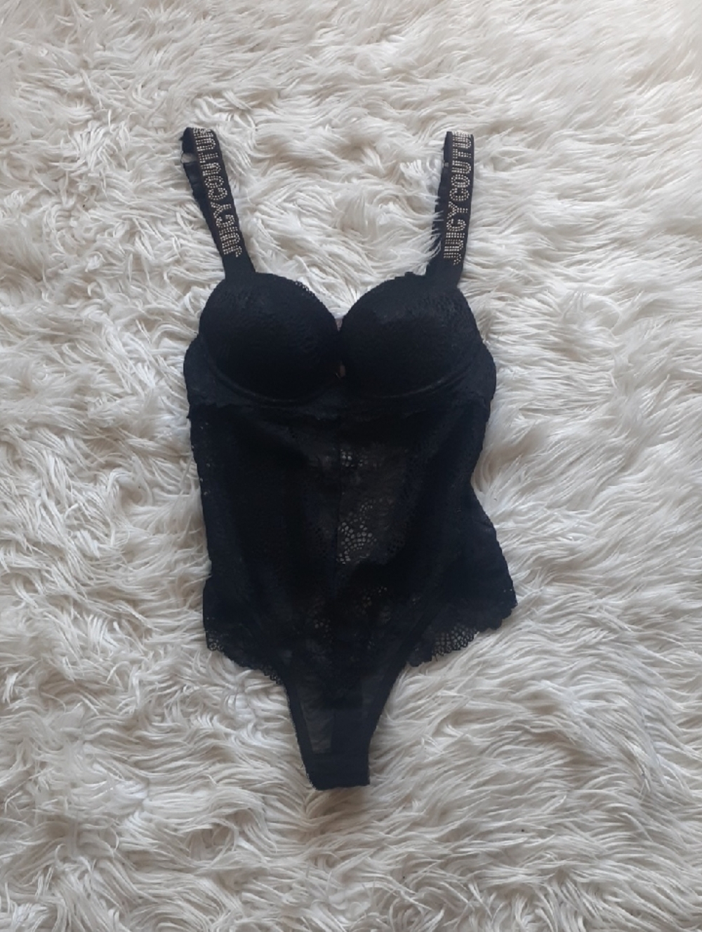 Juicy Couture Black Studded Lace Teddy Bodysuit with Branded Straps Size Small